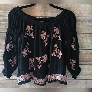 American Eagle Black Top with Pink Floral Embroidery, Off Shoulder